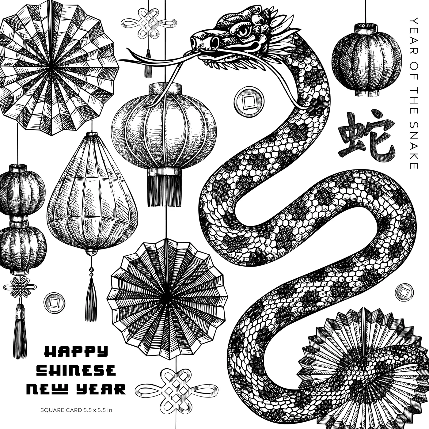 Chinese New Year greeting card. Fantasy snake sketch. Lunar New Year 2025 minimalist design. Hand-drawn vector illustration. Not AI generated Illustration